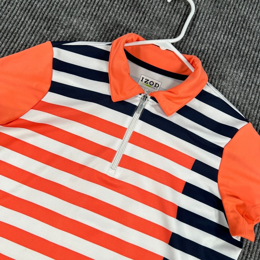 IZOD Golf Shirt Womens Medium Orange Navy Striped Short Sleeve Performance 1/4 Z